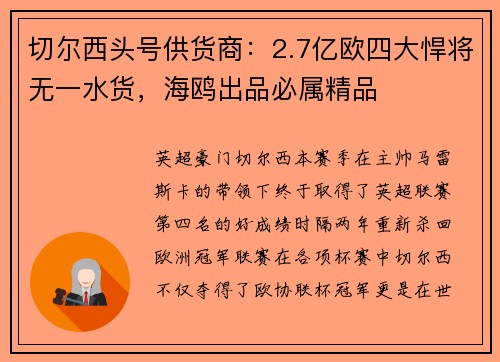 切尔西头号供货商：2.7亿欧四大悍将无一水货，海鸥出品必属精品